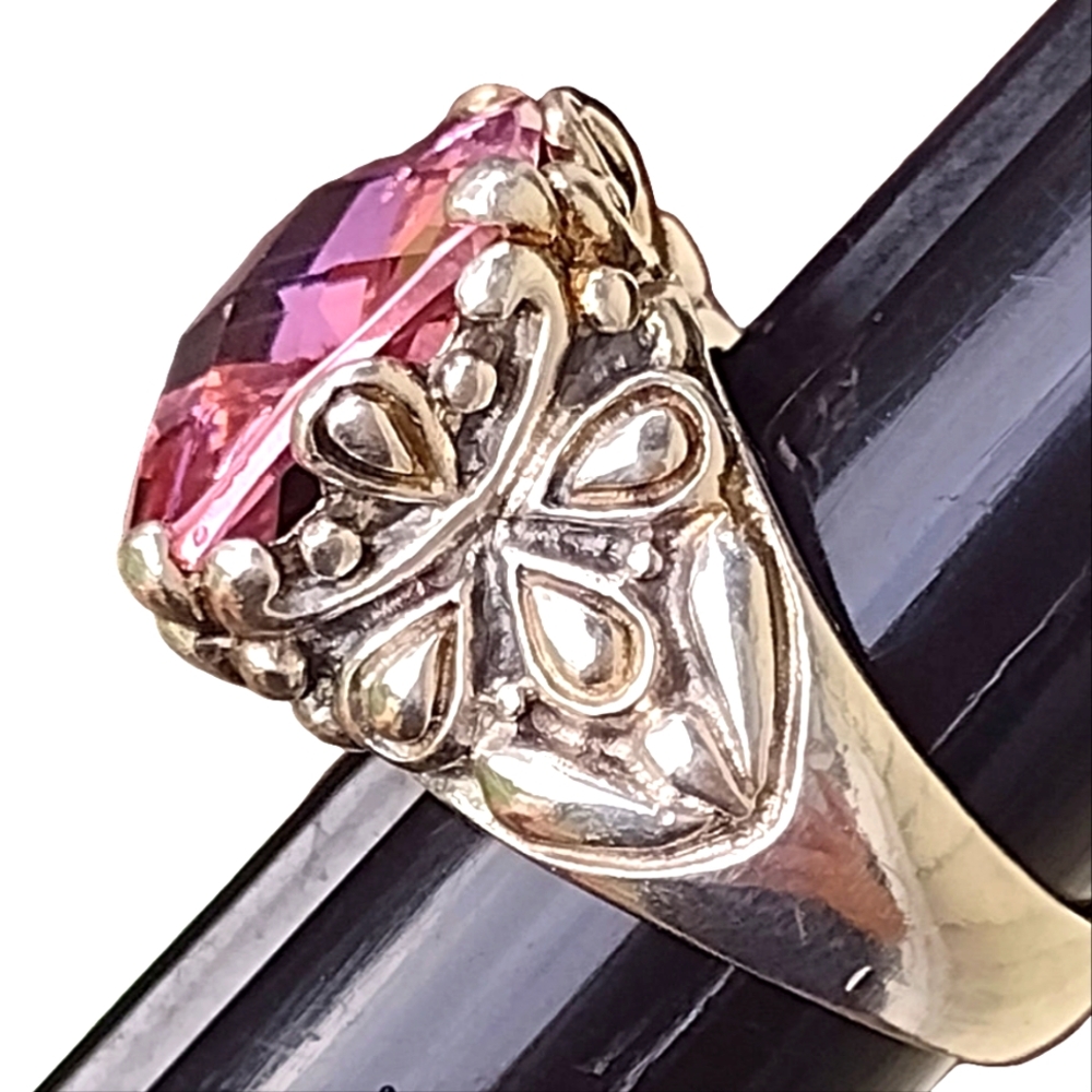 925 Sterling Silver Ornate Pink Cushion Cut Cocktail Statement Ring Size 6.5